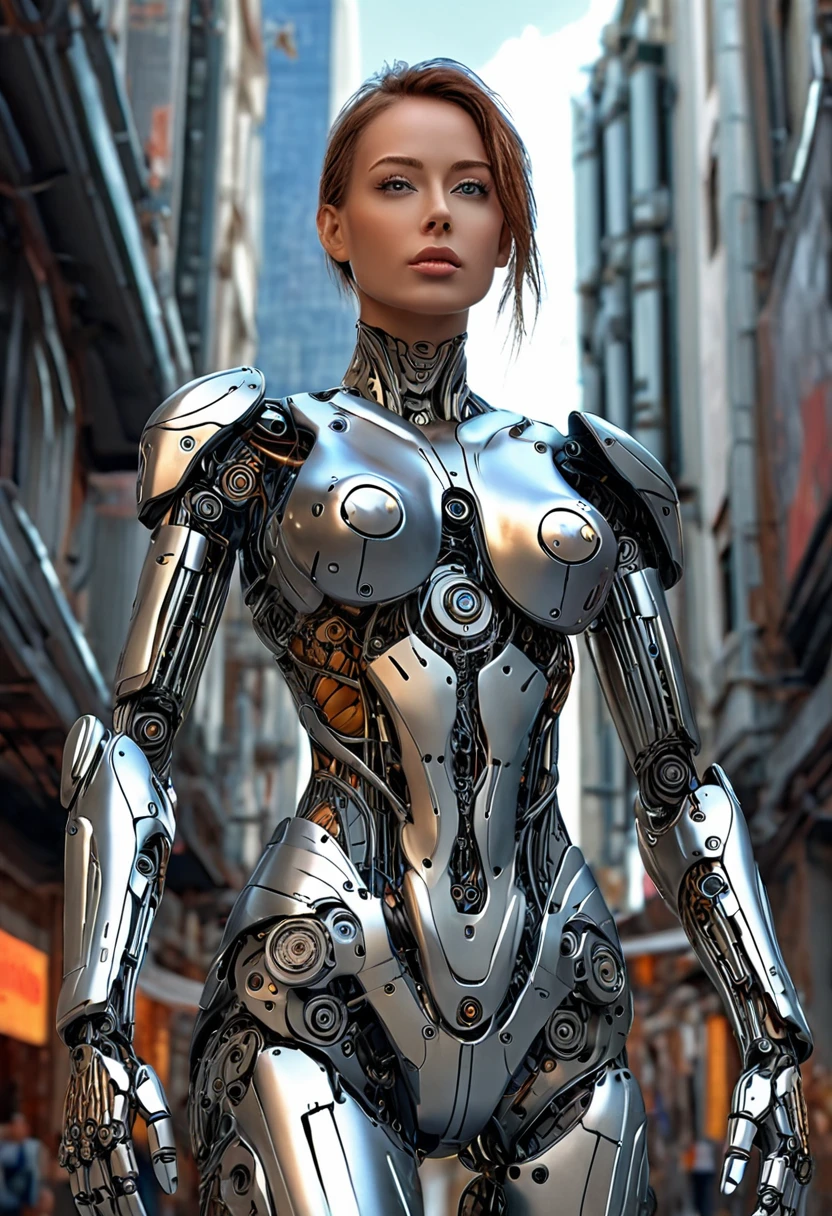 a beautiful woman-robot standing in a futuristic city backdrop, detailed intricate mechanical parts seamlessly blended with a slender, graceful humanoid form, magnificent anatomy and physique, 1/2 body crop, (best quality, 4k, 8k, highres, masterpiece:1.2), ultra-detailed,(realistic, photorealistic, photo-realistic:1.37), HDR, (intricate details:1.12), (intricate details, hyper-detailing:1.15), (natural skin textures, hyper realisitc, soft light, Sharp:1.2)