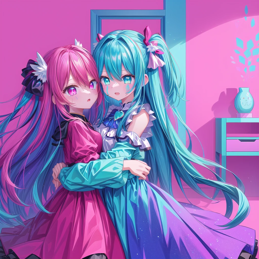 Anime girl hugging another girl in the room with pink background, Two beautiful anime girls, 动漫风格 4色Double tail头发和青色眼眸, Vermillion and Cyan, anime art wallpaper 8 k, Digital Art on pixiv, Double tail, Lovely art style, Cyan and Magenta, Anime Art Wallpaper 4K, Anime Art Wallpaper 4K，cry，Gloomy scene