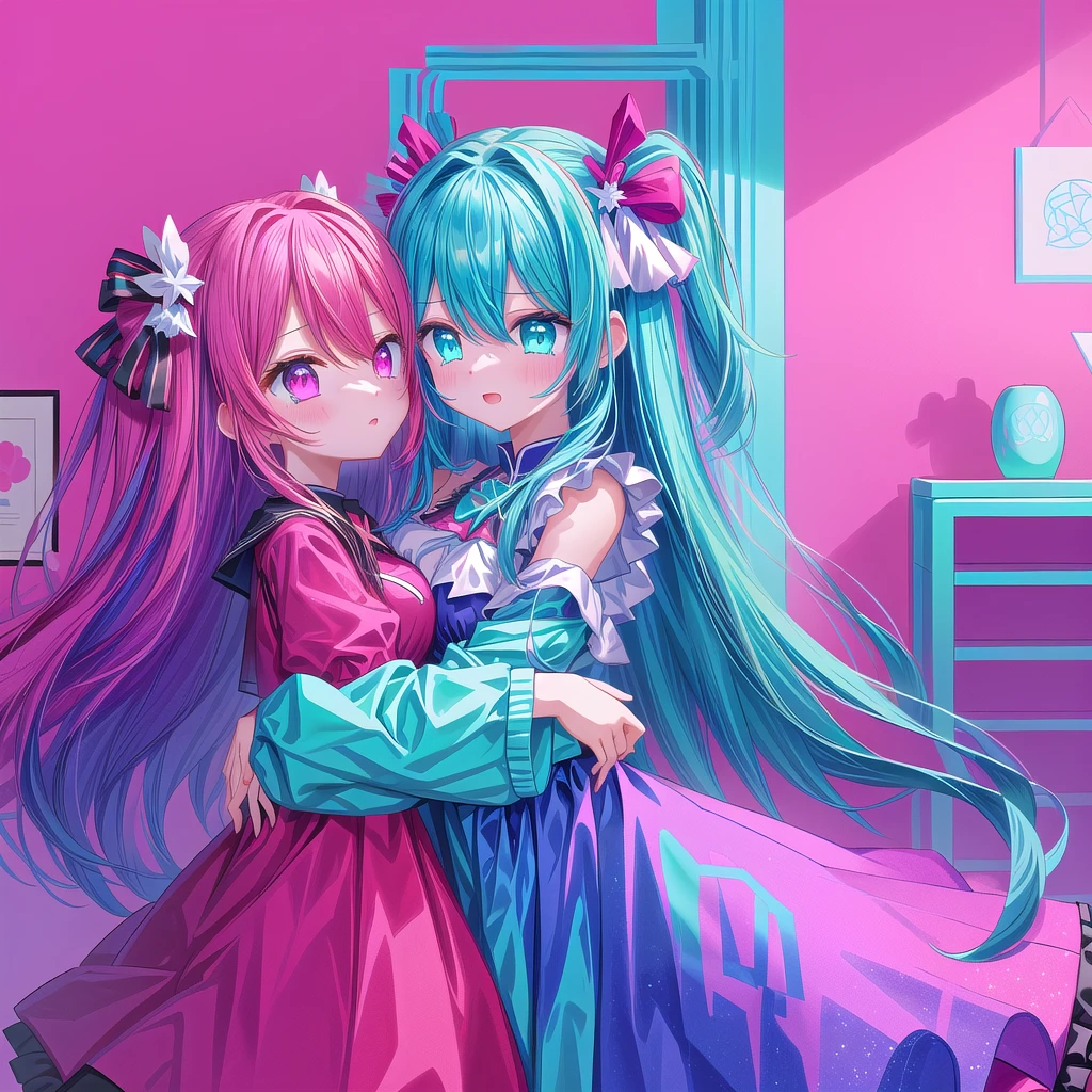 Anime girl hugging another girl in the room with pink background, Two beautiful anime girls, 动漫风格 4色Double tail头发和青色眼眸, Vermillion and Cyan, anime art wallpaper 8 k, Digital Art on pixiv, Double tail, Lovely art style, Cyan and Magenta, Anime Art Wallpaper 4K, Anime Art Wallpaper 4K，cry，Gloomy scene