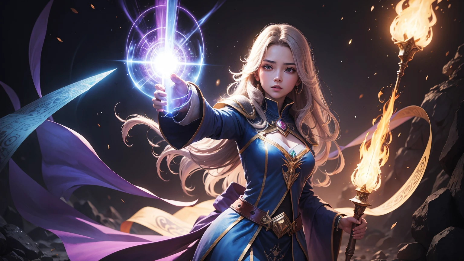 Front close-up of a blonde woman in a purple and blue dress, Chengwei Pan at Art Station, Jan J, Detailed fantasy art, Amazing character art, Fan Art Best Art Station, Magnificent and elaborate character art, Beautiful Armor, Highly detailed art gems, Detailed digital anime art, Armor Girl