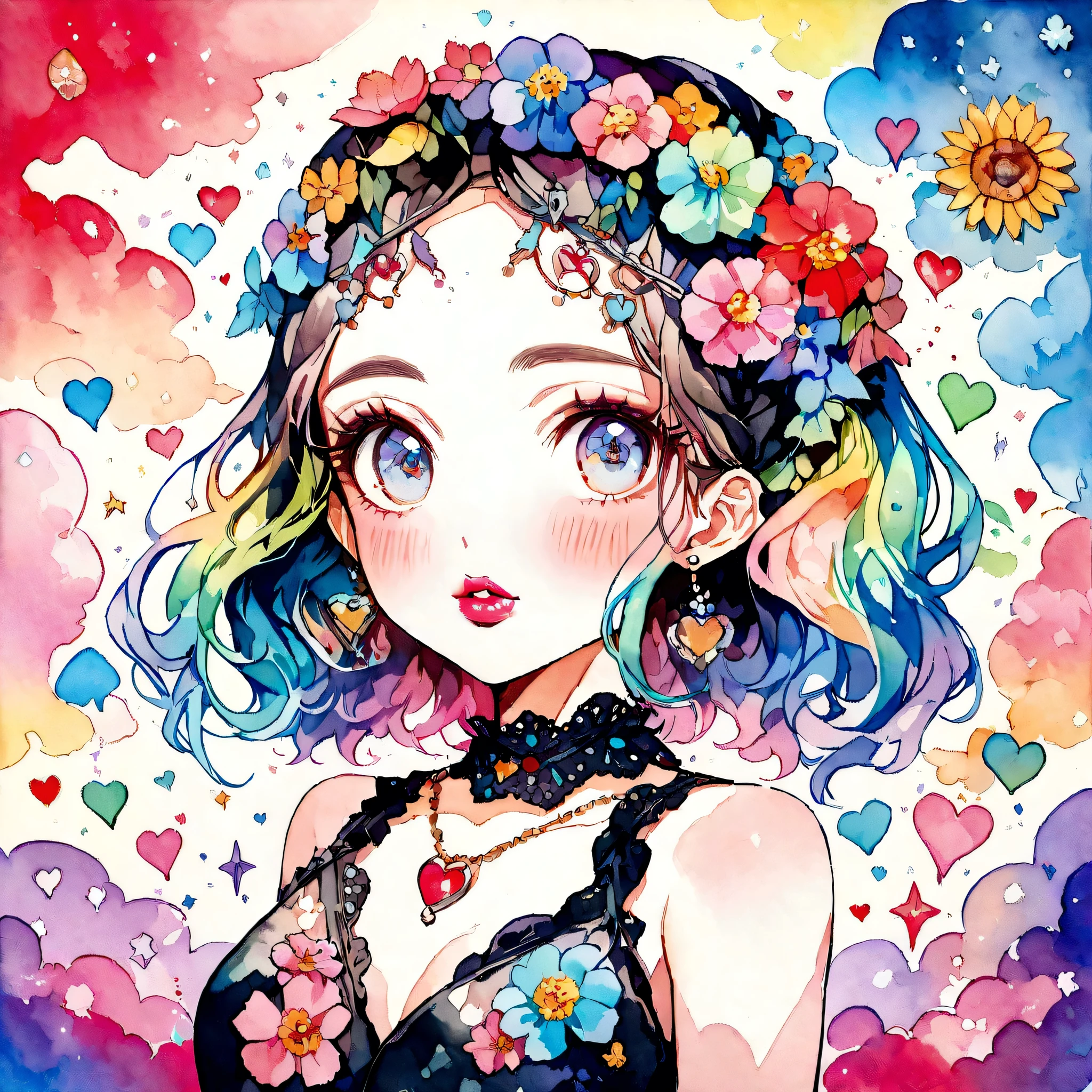 Mai Yoneyama Style、(((stylish fashion))), 8K Quality、Intense watercolor, Detailed watercolor art, Watercolor splash, Surreal, avant-garde pop art, Beautiful and expressive paintings, Beautiful artwork illustration, Very colorful tones, wonderful, Cool beauty, highest quality、Official Art, Vector art, Stylish design, (((The most beautiful girl))), (((highest quality))), HDR, ((detailed)), (((Doodle Art)), ((masterpiece)), ((Super detailed)), (((Colorful flowers))), colorful hearts, (((Stylish))), Lips in love