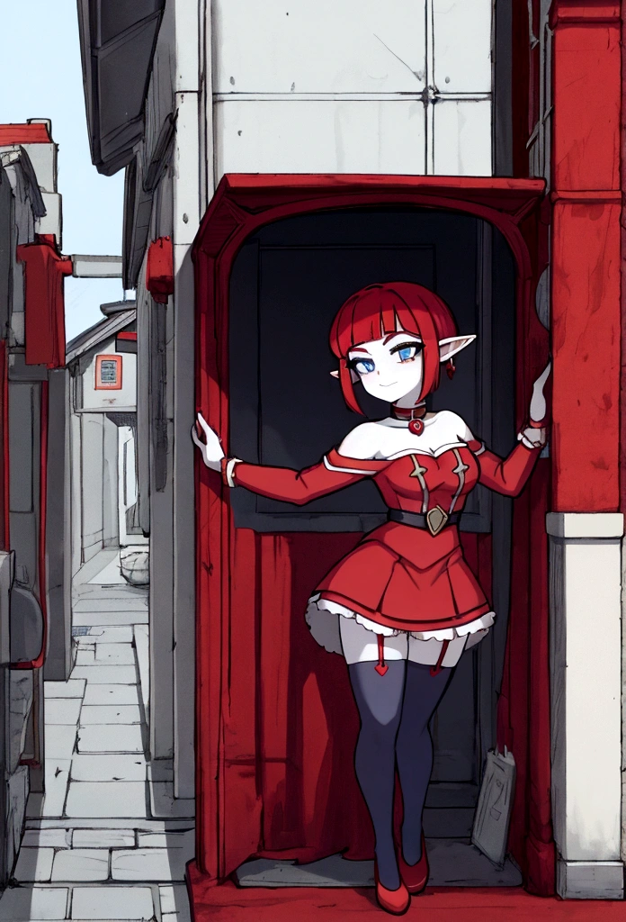 clown girl, blue eyes red hair, short bob hairstyle, collar, Elven ears, Red dress, black and white stockings