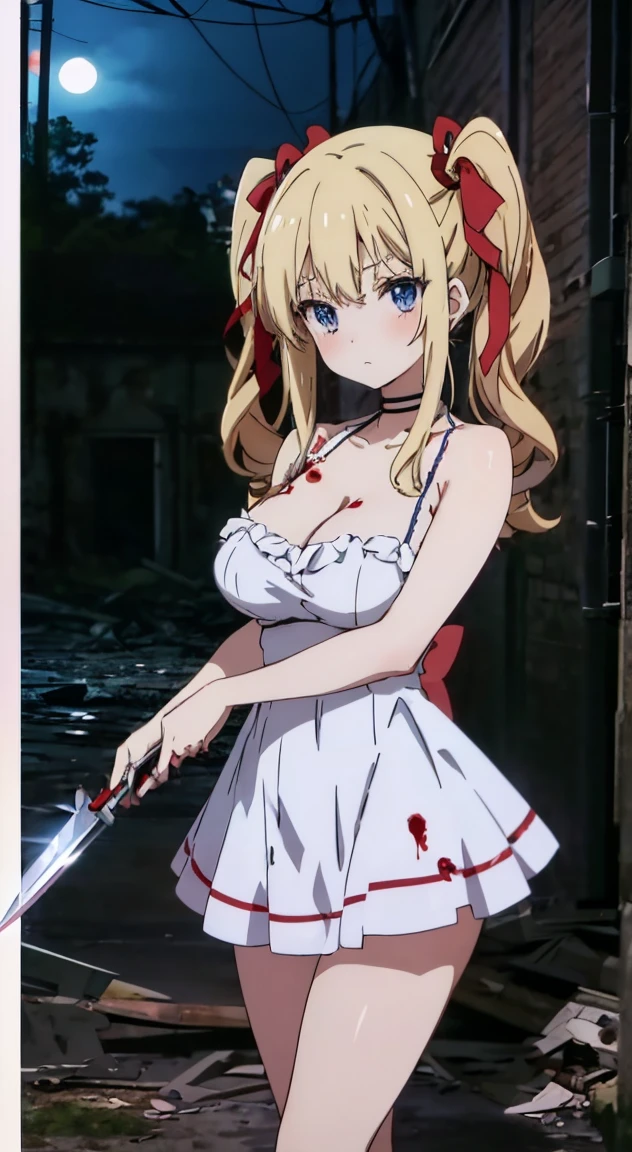 masterpiece, highest quality, (anime screencap:1.3),(shape), cute,(simple:1), (anime:1.2),Solo Sharp Focus, 1 girl, cleavage,looking at the viewer, Japan,nighttime,gold hair,((mini skirt)),Are standing, twin tails,summer ,((White Gothic Costume)),red ribbon,in the dark gothic,abandoned house,ta fashion,gothic bonnet,hair ribbon,cowboy shot,in the nighttime,rainy sky,,(Ruins house1.1),(Abandoned house1.1),large breasts,dark,cloudy,heavy rain,(Holding a bloody knife1.1),(bathe in blood1.1),NSFW,