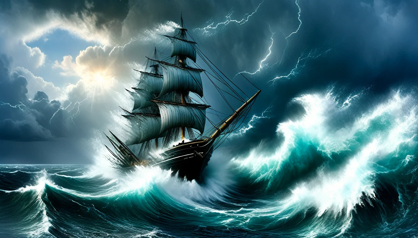 Setting: A large, wooden ship caught in a violent storm, with towering waves and dark, swirling clouds.
Subject: Panicked sailors desperately trying to stabilize the ship, throwing cargo overboard and clinging to ropes. In the center, Jonah is depicted as isolated and fearful, perhaps kneeling and praying amidst the chaos. The ship's mast is bending under the force of the wind, and the sea is a tumultuous mix of foam and waves.
Atmosphere: Chaotic and suspenseful, with strong contrasts between the dark storm and occasional flashes of lightning, highlighting the dire situation and Jonah’s inner turmoil.
