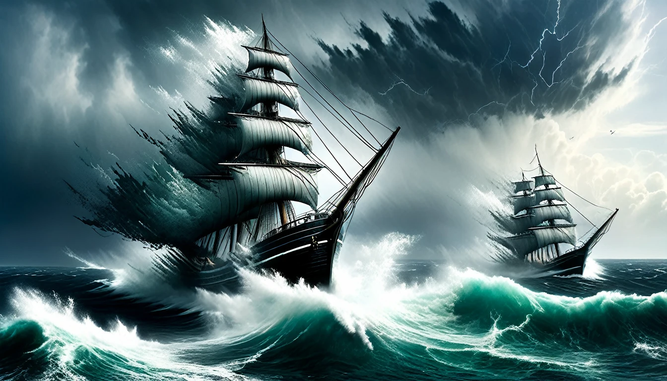 Setting: A large, wooden ship caught in a violent storm, with towering waves and dark, swirling clouds.
Subject: Panicked sailors desperately trying to stabilize the ship, throwing cargo overboard and clinging to ropes. In the center, Jonah is depicted as isolated and fearful, perhaps kneeling and praying amidst the chaos. The ship's mast is bending under the force of the wind, and the sea is a tumultuous mix of foam and waves.
Atmosphere: Chaotic and suspenseful, with strong contrasts between the dark storm and occasional flashes of lightning, highlighting the dire situation and Jonah’s inner turmoil.
