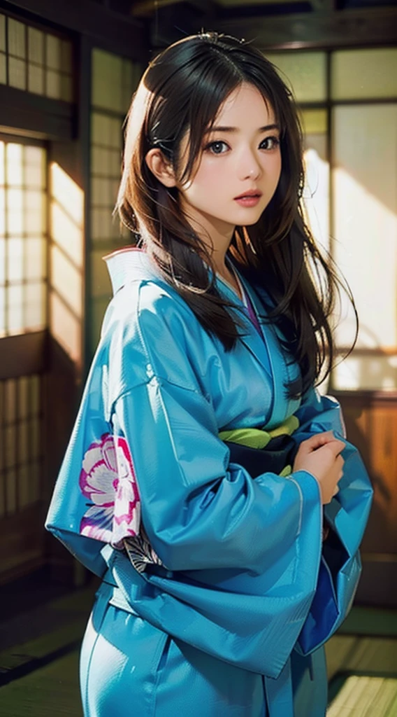 (Realistic)、(Realistic:1.2)、(High resolution)、Very detailed、Very beautiful face and eyes、1 girl、Delicate body、(highest quality、Attention to detail、Rich skin detail)、(highest quality、8k、Oil paint:1.2)、Very detailed、(Realistic、Realistic:1.37)、Bright colors、Full Body Shot,black_hair, Beautiful 8k eyes,Looking_in_Audience,One person in,Are standing,((Very beautiful woman, Fuller lips, Japanese pintern kimono))、((Colorful Japanese kimono)))、(((blackhair)))、(((Blunt bung,long straight hair)))、((( Inside an old Japanese house with a (short focus :1.4),)))、(masterpiece, highest quality, highest quality, Official Art, beautifully、aesthetic:1.2),(Fractal Art:1.3),Sengoku period、Greg Rutkowski Written by Alphonse Mucha Ropp,short ,uchikake,nishijin ori,(realistic light and shadow), (real and delicate background),(muted colors, dim colors, soothing tones:1.3), low saturation, (hyperdetailed:1.2), (noir:0.4),drow,blurry_light_background, (vibrant color:1.2), cinematic lighting, ambient lighting,Single Shot,Shallow Focus,pink lip,blurry light background,