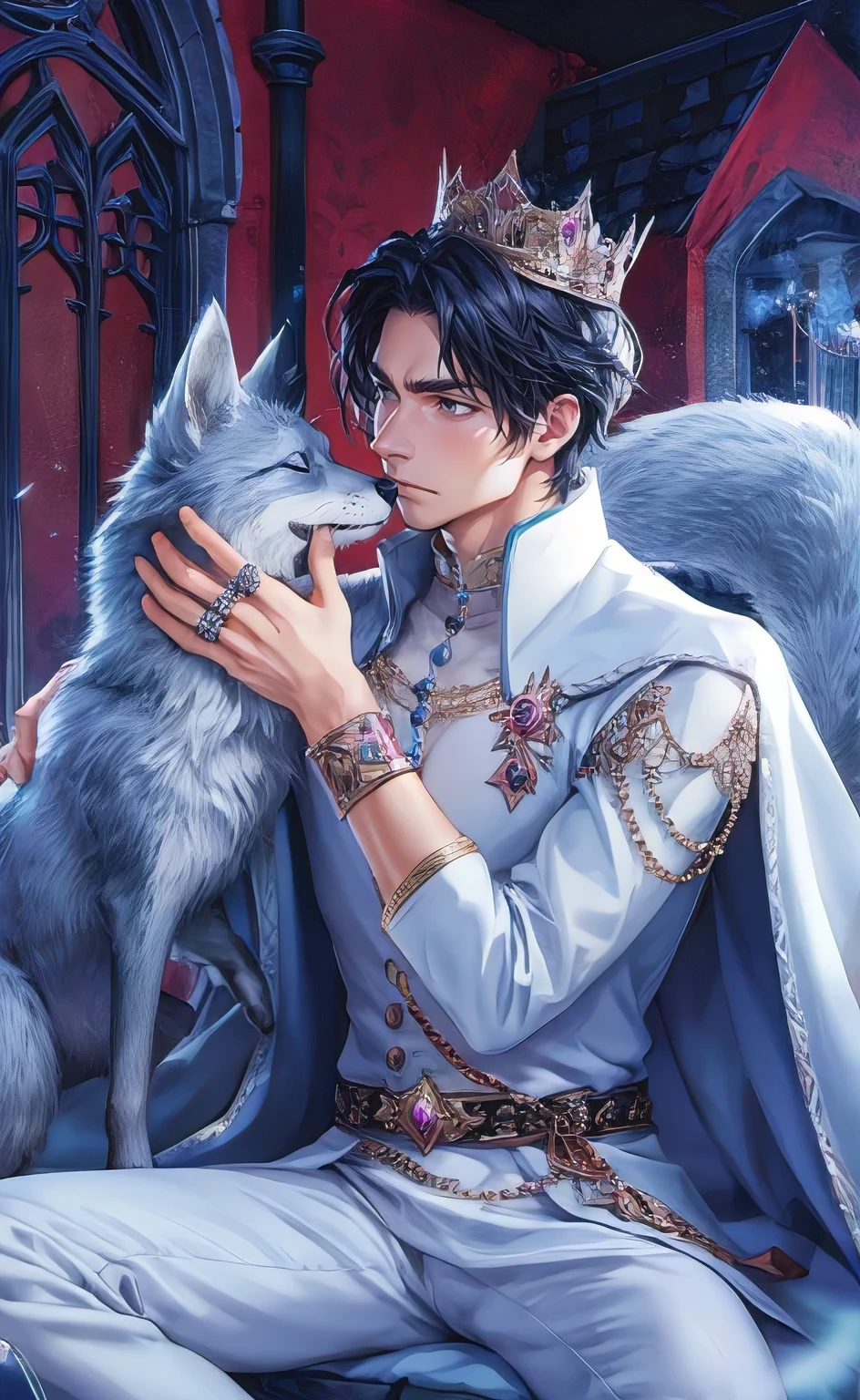 A stunningly detailed anime scene featuring a handsomely dressed prince, with fair skin, black hair, and captivating eyes. He is adorned with exquisite jewelry, including a crown, arm rings, and gemstone pendants. The prince holds a silver fox's head gently, about to plant a kiss on its neck. The background boasts a Gothic-inspired architecture with dark red walls and a touch of anime aesthetic. The entire scene exudes charm and romance, with a hint of mystery in the atmosphere.