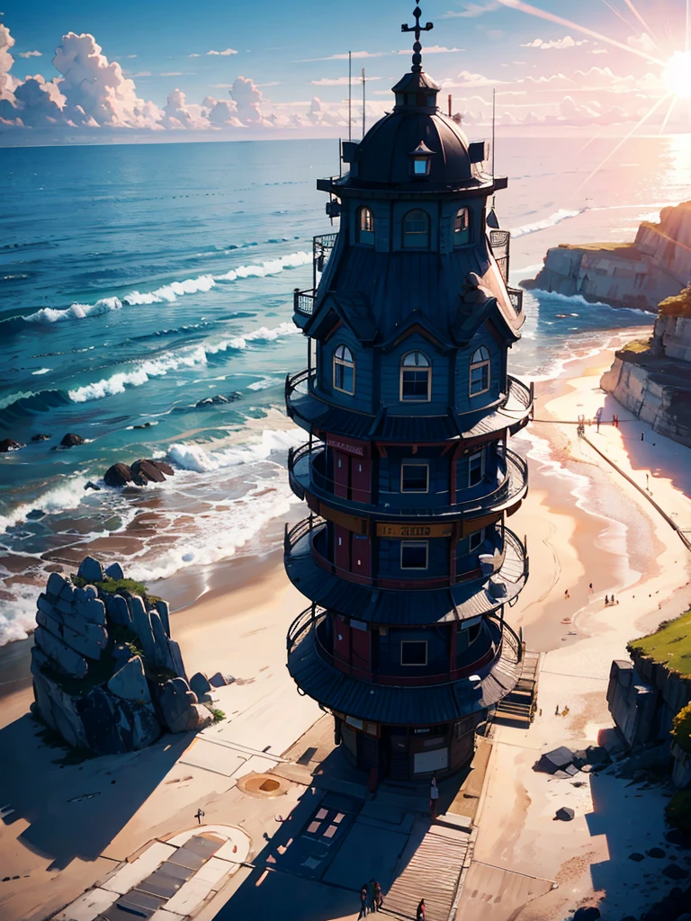 General store, ocean in front of the store, beautiful and charming summer sun and sea, with realistic animation of vivid colors (deep contrast of light and dark), a masterpiece of the highest quality, soothing scenery in 8K picture quality.