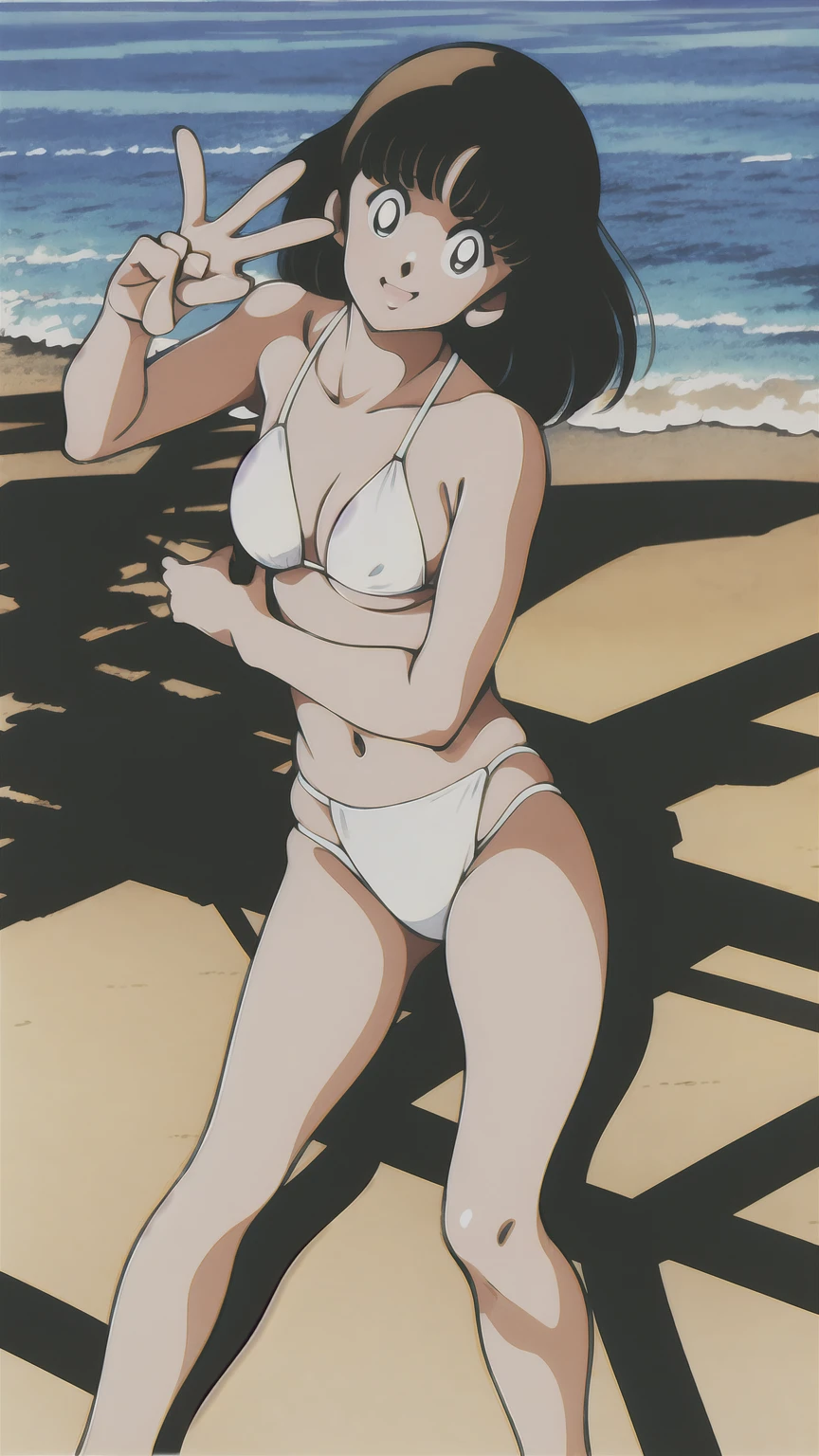 (((asakura minami:1.3))),((masterpiece)),((highest quality)),POV,super detailed,(thin entire outline),enlightenment,explicit,((1girl:1.3)),dutch angle,black hair,medium hair on shoulders,black eyes,small nose,perfect body,beautiful body,beautiful character design,perfect eyes,perfect face,(happy,smile,red cheeks,having fun:1.2),small open mouth,perspiration,wallpaper,ultra high resolution,8k,photo shoot,(beautiful large breast:1.2),beautiful legs,perfect feet,beautiful skin,fair skin,smooth skin,official style,official art,make a screen cap,outdoor,(summer beach),sunshine,bright lighting,white bikini,(((micro bikini,protruding nipples,camel toe:1.3))),((wide spread legs,peace sign:1.2)),(relaxing on beach chair:1.3),