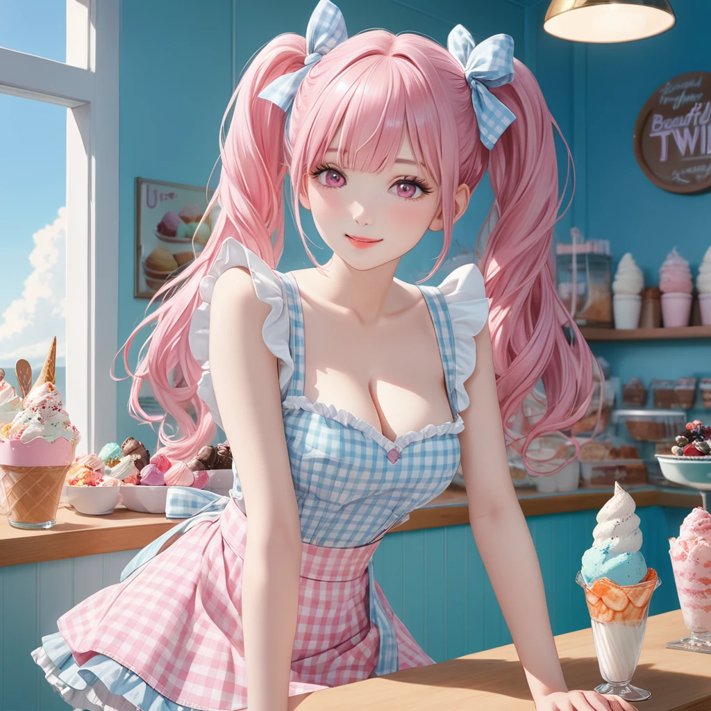 (8K, masutepiece, Best Quality, Official art, beautiful detailed, beautiful lighting, best masterpiece in history that exceeds limits), (1 Girl, Solo), (16 years old), (beautiful detailed face), (shiny white skin), (Beautiful big bust, cleavage:1.3), (thighs:1.3), (beautiful detailed pastel pink twin tails hair, Bangs:1.3), (beautiful detailed drooping pink eyes:1.5), break, (beautiful detailed white and pastel blue gingham check pattern cute Apron, white frill shirt, white frill skirt, bow ribbon, frill, ruffle:1.2), break, (happy smile), (Attractive, Look at the camera, Have ice cream), (ultra detailed realistic Beautiful white ice cream shop counter, ice creams, オープンテラス, blue sky:1.3),