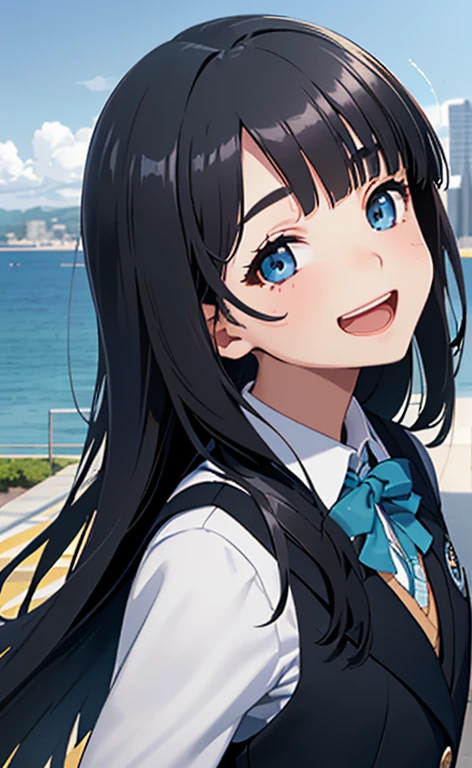 (Photorealistic:1.4)、(15-year-old:1.5),(masterpiece、spot light:1.2、Exquisite beautiful eye:1.5,portlate),(kind eyes、tareme:1.9),(Close-up of face:1.5,face focus:1.5)、(Cute Face、 3D Face)、(black hair:1.5)、(middle hair:1.5),(sidelock :1.5),(blunt bangs:1.3),(1 school girl)、(aqua eyes:1.2)、(upper body:1.5)、(Open mouth happy smile:1.5)、(Hair blowing sideways in the wind:1.4),(Hands in hair1.7)、,(Hands in hair1.7)(head tilt) ,(),(flat chest),(),(school blazer:1.5),(Park with an ocean view background:1.5)、()、()、Slim Body(),Shiny Hair、girl