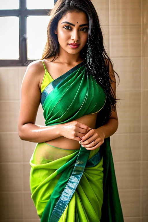 photo portrait of beautiful  indian female model,  posing  inside her bathroom wearing sexy green saree drenched and wet under running shower , looking at viewer, lense flare, (realistic eyes, symmetric face:0.8) (masterpiece:1.2) (photorealistic:1.2) (bokeh) (best quality) (detailed skin) (intricate) (8k) (HDR) (cinematic lighting) (sharp focus), big breast, big natural lips, dark red lips, sparkling day dreams eyes.