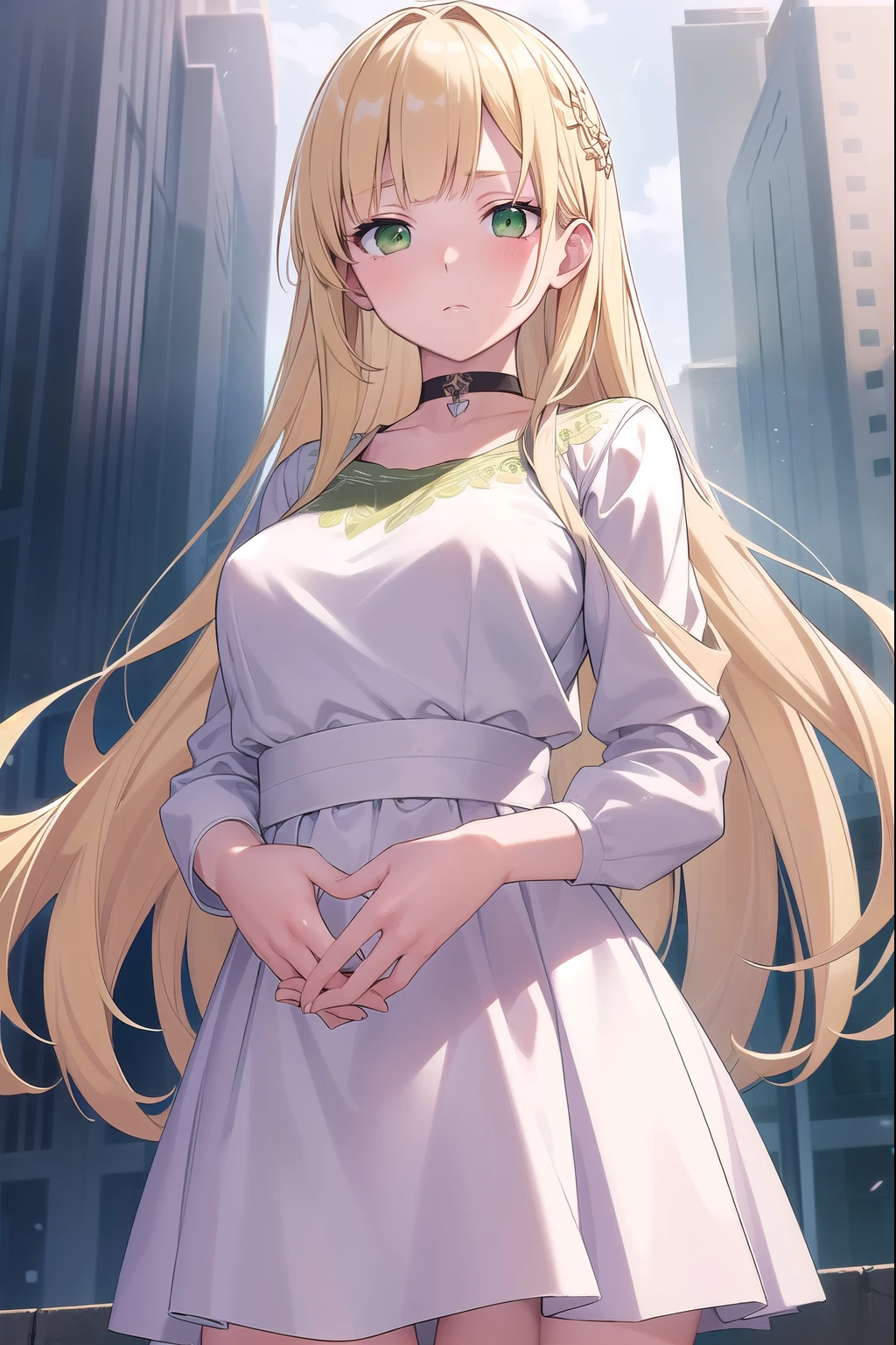 Blonde Hair, choker, (Green Eyes:1.5), Long Hair, dress, skirt, blush, blush stickers, Hands clasped in front,Place your hands near your crotch, (White clothes:1.5), break looking at viewer, break outdoors, city, break (masterpiece:1.2), highest quality, High resolution, unity 8k wallpaper, (figure:0.8), (Beautiful fine details:1.6), Highly detailed face, Perfect lighting, Highly detailed CG, (Perfect hands, Perfect Anatomy),