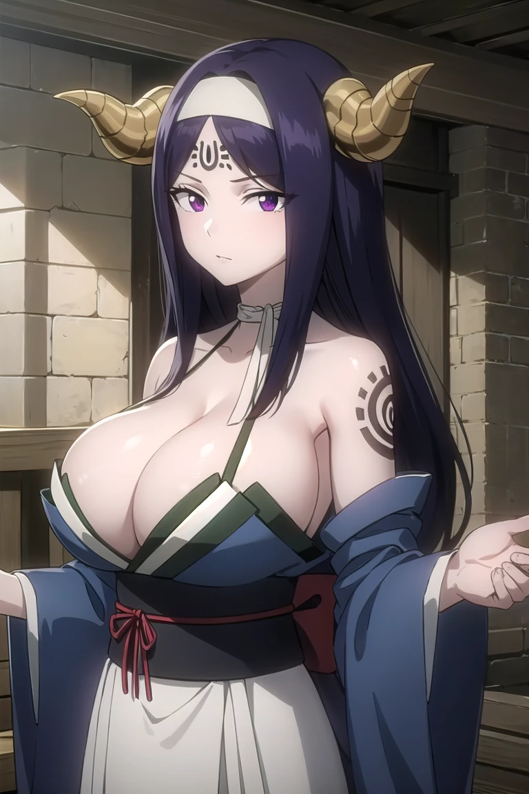 seilah, seilah, long hair, horns, purple hair, facial mark, forehead mark, (purple eyes:1.1), headband, BREAK cleavage, japanese clothes, horns, choker, wide sleeves, kimono, sash, tattoos, BREAK cowboy shot, looking at viewer, BREAK outdoors, BREAK (masterpiece:1.2), best quality, high resolution, unity 8k wallpaper, (illustration:0.8), (beautiful detailed eyes:1.6), extremely detailed face, perfect lighting, extremely detailed CG, big breasts, upper body,