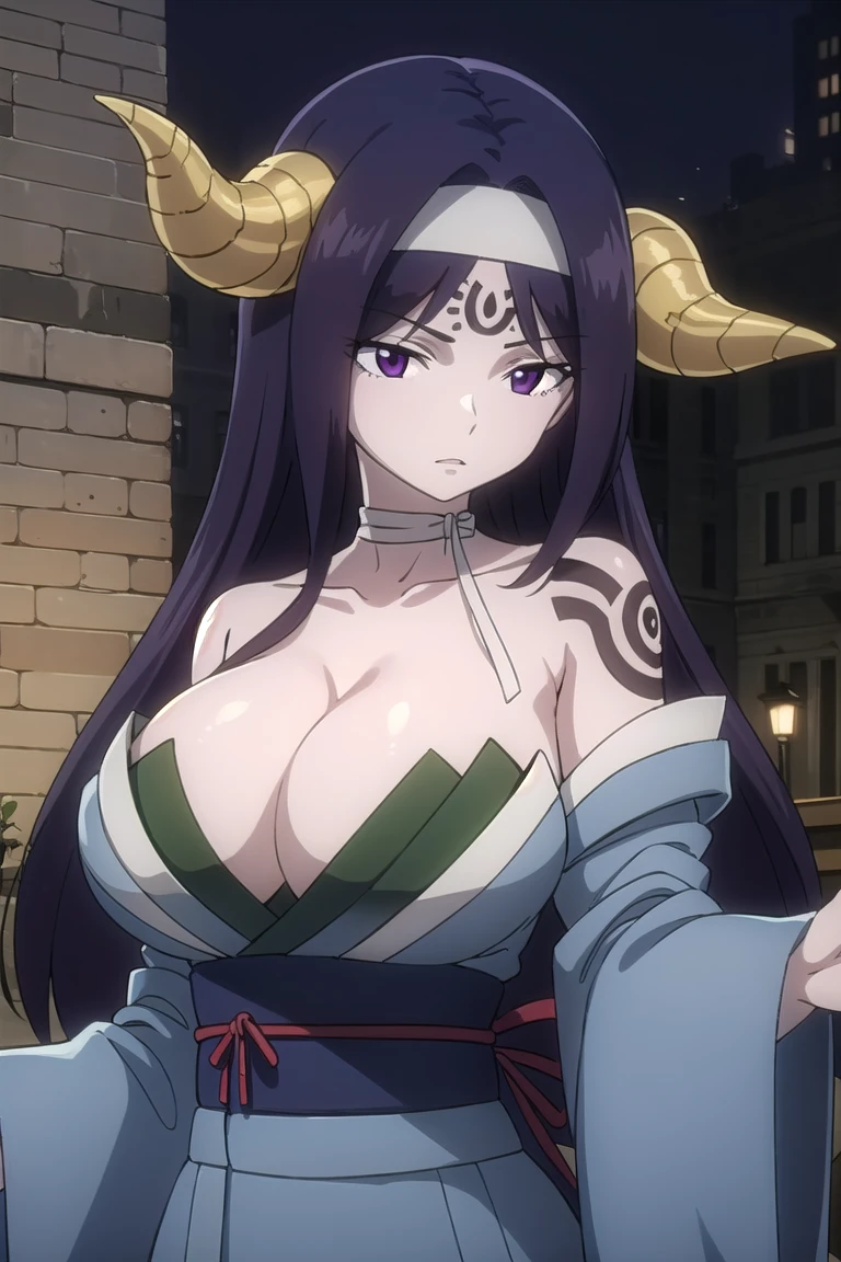 seilah, seilah, long hair, horns, purple hair, facial mark, forehead mark, (purple eyes:1.1), headband, BREAK cleavage, japanese clothes, horns, choker, wide sleeves, kimono, sash, tattoos, BREAK cowboy shot, looking at viewer, BREAK outdoors, BREAK (masterpiece:1.2), best quality, high resolution, unity 8k wallpaper, (illustration:0.8), (beautiful detailed eyes:1.6), extremely detailed face, perfect lighting, extremely detailed CG, big breasts, upper body,
