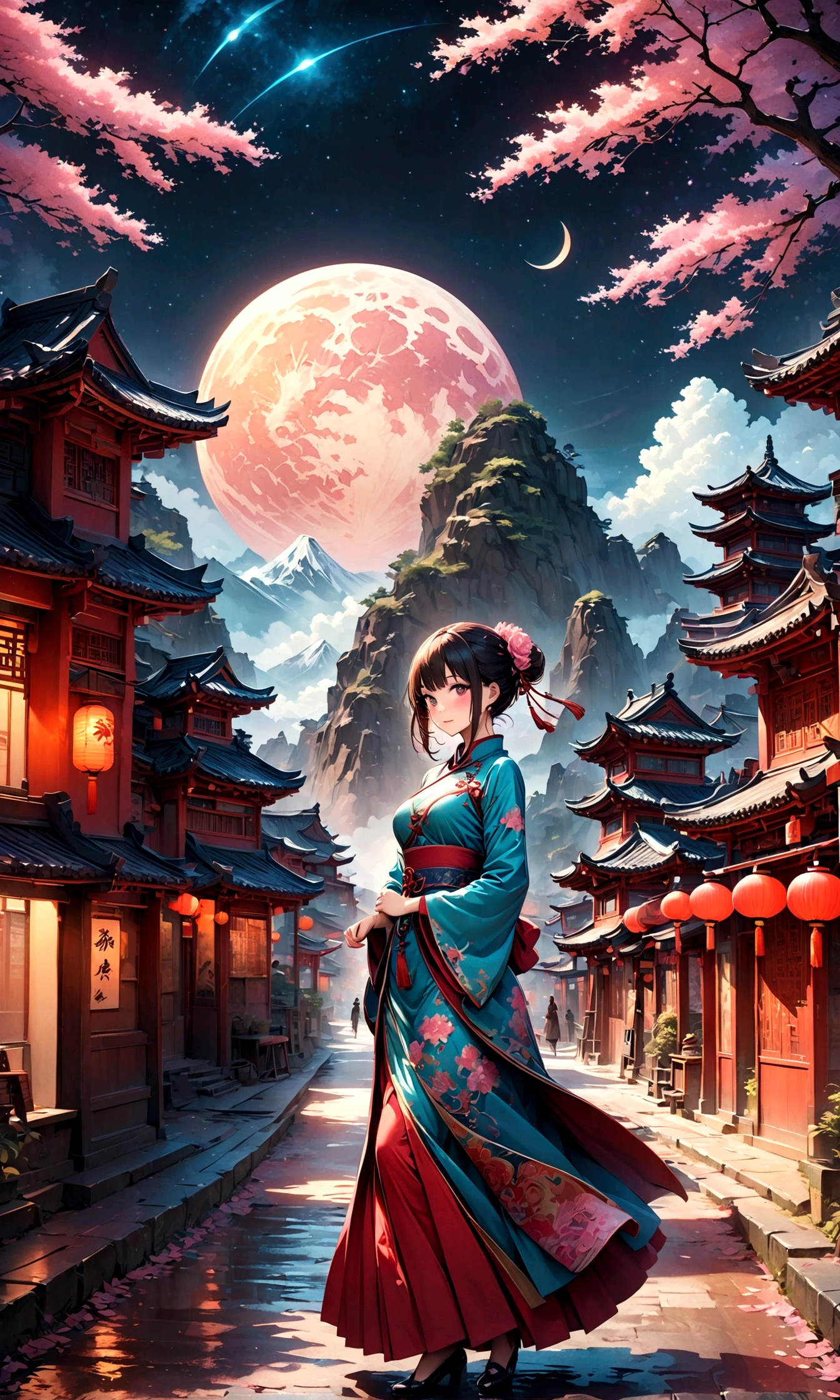 A fantastic view of Chinatown,赤い提灯の温かいLight,Modern and historic,Fantastic and dreamy landscape,Light,There is a woman in Chinese clothing in the landscape.,She is charming and beautiful、まるで上海のnightを象徴するかのようです,Realistic skin texture,Photorealistic,BREAK,Gorgeously embroidered Chinese clothing,A masterpiece created by designers,The best configuration,Light and Dark,BREAK,,(masterpiece:1.3),(highest quality:1.4),(ultra detailed:1.5),High resolution,extremely detailed,unity 8k wallpaper,Intricate details,Wide range of colors,artwork,rendering,(masterpiece:1.3),(highest quality:1.4),(Super detailed:1.5),High resolution,Very detailed,unity 8k wallpaper,Draw artistic background,Absurd beauty,Zentangle,幻想的で美しいnightのチャイナタウン,night,美しいLightと影,Sparkling