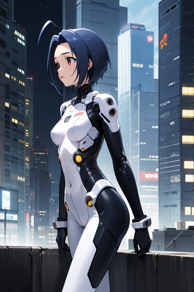 masterpiece, best quality, highres, aaazusa, short hair, ahoge, parted bangs, cyberpunk, bodysuit, gloves, standing, cowboy shot, city, night