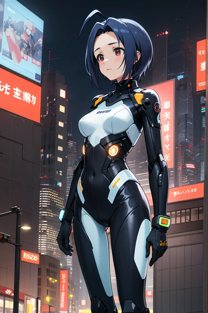 masterpiece, best quality, highres, aaazusa, short hair, ahoge, parted bangs, cyberpunk, bodysuit, gloves, standing, cowboy shot, city, night