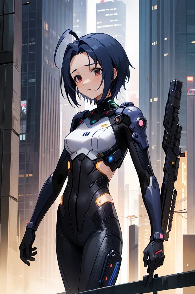 masterpiece, best quality, highres, aaazusa, short hair, ahoge, parted bangs, cyberpunk, bodysuit, gloves, standing, cowboy shot, city, night