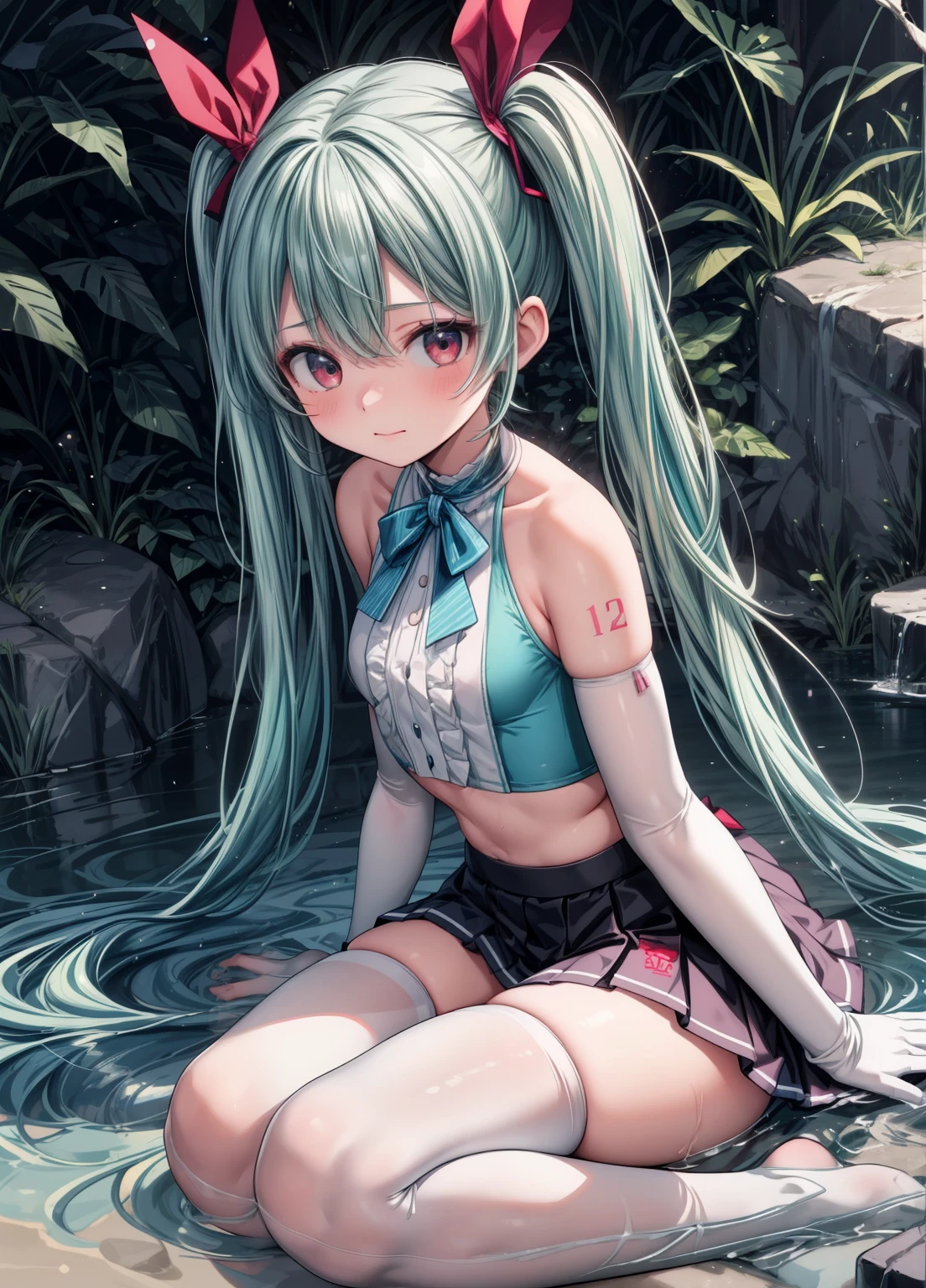 (masterpiece, highest quality, 8K Wallpaper:1.2 ), Ultra-detailed, Disorganized, High resolution, long green-green twintail hair, (Hatsune Miku:1.3), 9 years, (1 Girl), Primary school students, Short legs, Short arms, a bit, Stocky, (Look down and bend forward deeply), ((1 Girl)), (Flat Chest), (((Glossy, slippery and smooth texture {green|black} one piece japanese school swimsuit:1.3))), ((The gentle smile of compassionate motherhood)), (Watching the audience), Lower Body, Ass close up, Body too sweaty, Silky skin, Beautiful Eyes, Long hair blowing in the wind, Beautiful Smile Line, big green eyes, Shiny Hair, 緻密でBeautiful Eyes, Beautiful and smooth skin, Beautiful and detailed clothes, Hands on hips, Head tilt:1.2, Troubled eyebrows, Framed double-breasted, Underbust, too wet skin, Too wet clothes, Glowing Skin, Shiny clothes, Skin dents, Perfect for the skin, Thick tight, gentle flow, Portraiture, leaning forwards deeply, cute顔, cute, Looking down and taking a photo, Peep, Leg spread, squat, Knees up, Realistic, realism, photoRealistic, Yellow wine dripping on my crotch