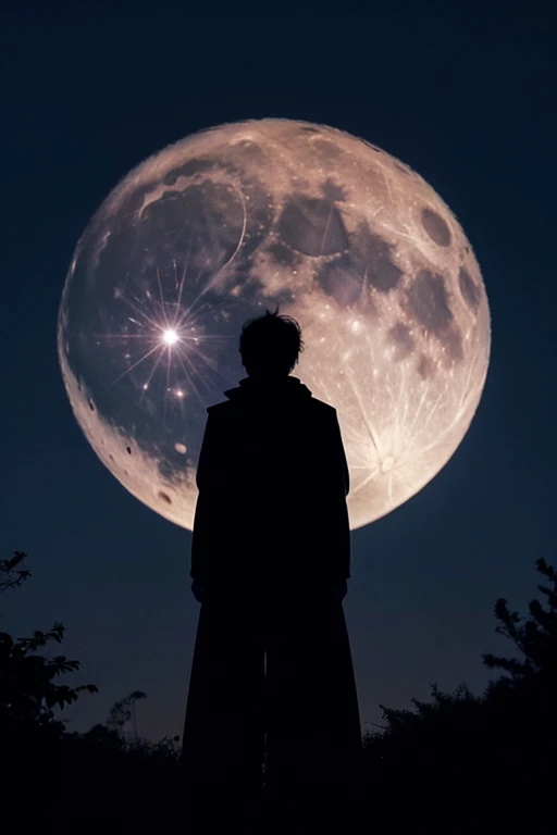 Highest quality,Big moon and shadow,A silhouette of a person can be seen against the backdrop of a large moon.,There is one full moon,There is a mood,Beautiful scenery,Starry Sky