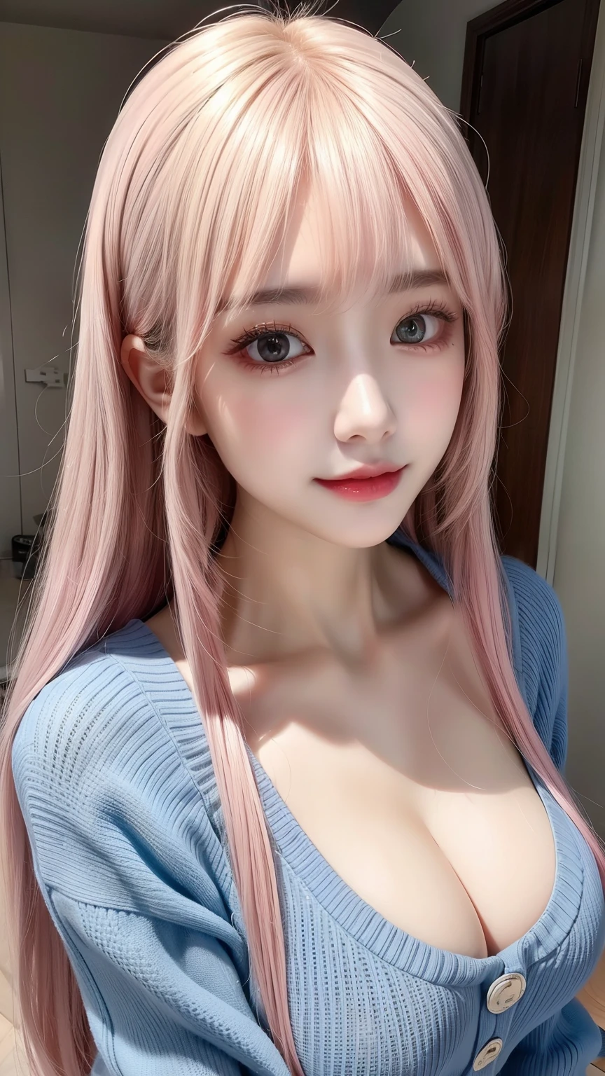 Beautiful woman with perfect figure:1.4,Layered Hair Style,potruding nipple:1.2,blue sweater,Highly Detailed Face and Skin Textur,double eyelid,Whitening Skin,Long pink hair