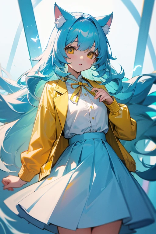 Light blue, slightly long curly hair、Cat ear、Yellow Eyes、White blouse、Yellow jacket、Light blue skirt、Light blue ribbon on chest、Girl、cute