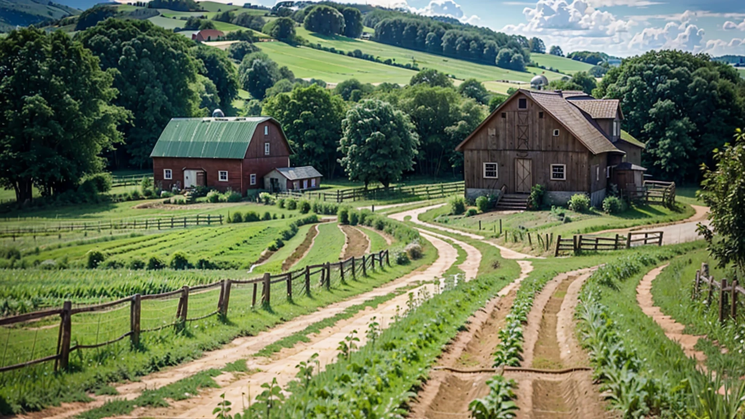 (rural farm background with lush green fields, a small wooden house, a red barn, and a dirt path leading through the landscape), 