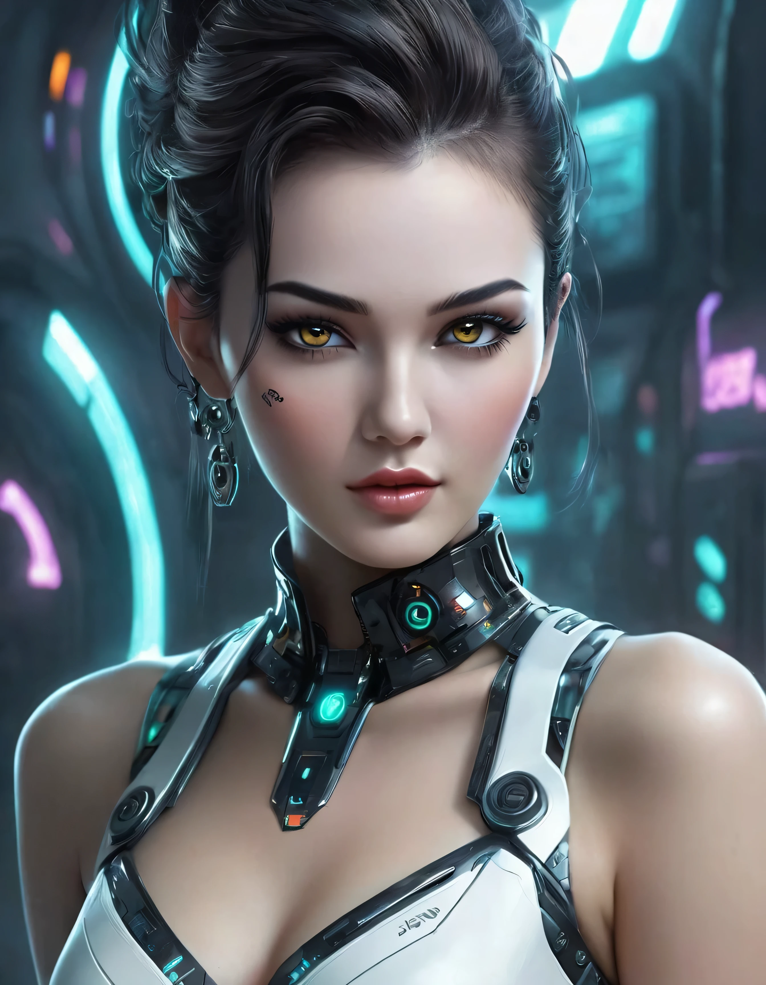 This is a description of futuristic technology, cyberpunk backgrounds and various elements related to facial features, color spray paint, tattoos, beauty and robots. The description mentions high-definition facial features, compact faces, deep scenes, color spray paint, beautiful faces, white eyes, deep perspective, male and female characters, and sophisticated faces. In addition, the elements of the dark background are emphasized.