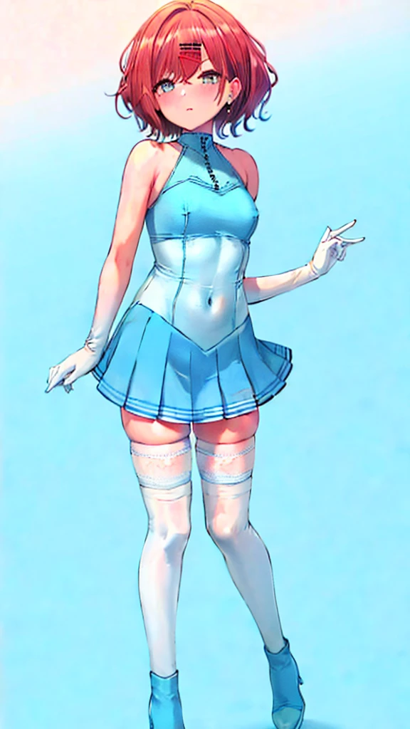 bbmadoka,(mole under eye:0.8),short hair,bangs,hairclip,x hair ornament,earrings,bare shoulders,white jacket,short sleeves,hood,blue leotard,blue shirt,covered navel,sleeveless,miniskirt,skirt,blue skirt,(white thighhighs:1.4),high heel boots,blue footwear