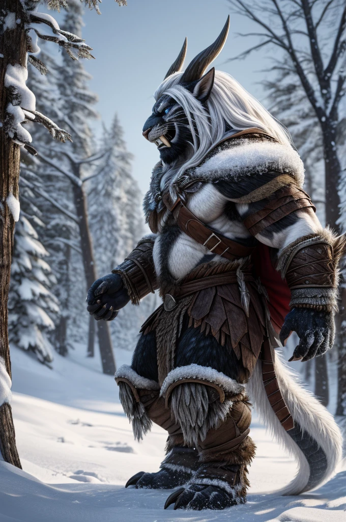 head、Animal cat face、A pair of dragon horns，Full body of fluffy white hair、Heavy breathing、Gnashing of teeth,Serious expression,Fluffy belly、Leather Armor，Viking style，wildcat、blue eyes，(Profile）Full body covered with long white hair、Hairy body、Long and thick armpit hair、Fangs、4K，Black and white photo tree background，Snow Scene，Sharp claws、Capture the composition of the whole body、Longbow in right hand，With arrows on his back