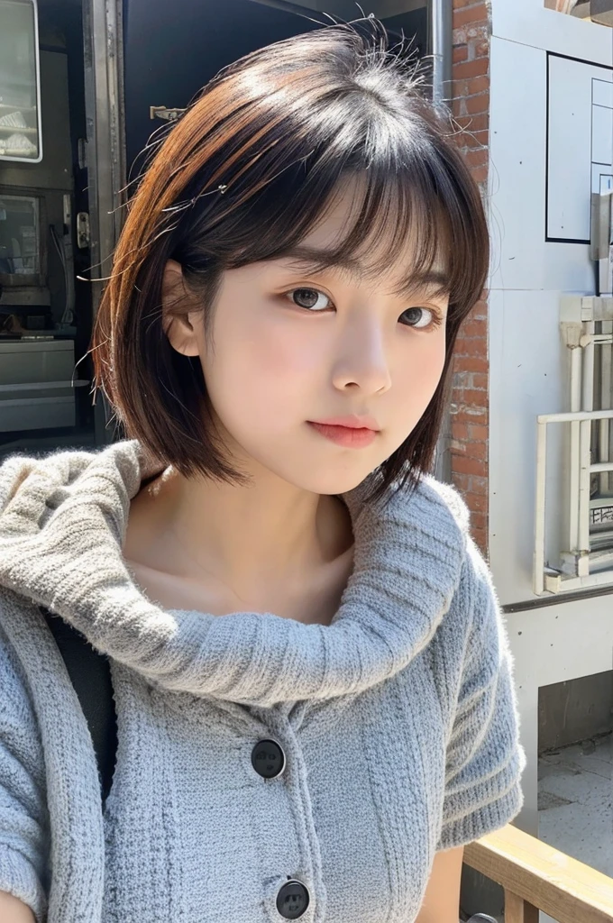Korean woman with short hair, ager, Cute face, big bust