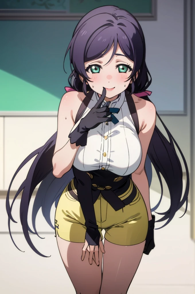 (masterpiece, best quality), 1girl, nozomi toujou,huge breasts,sexy ,,sweating,sleeveless,looking viewer,smile,,,bare legs,high waist shorts,thigh gap,black glove