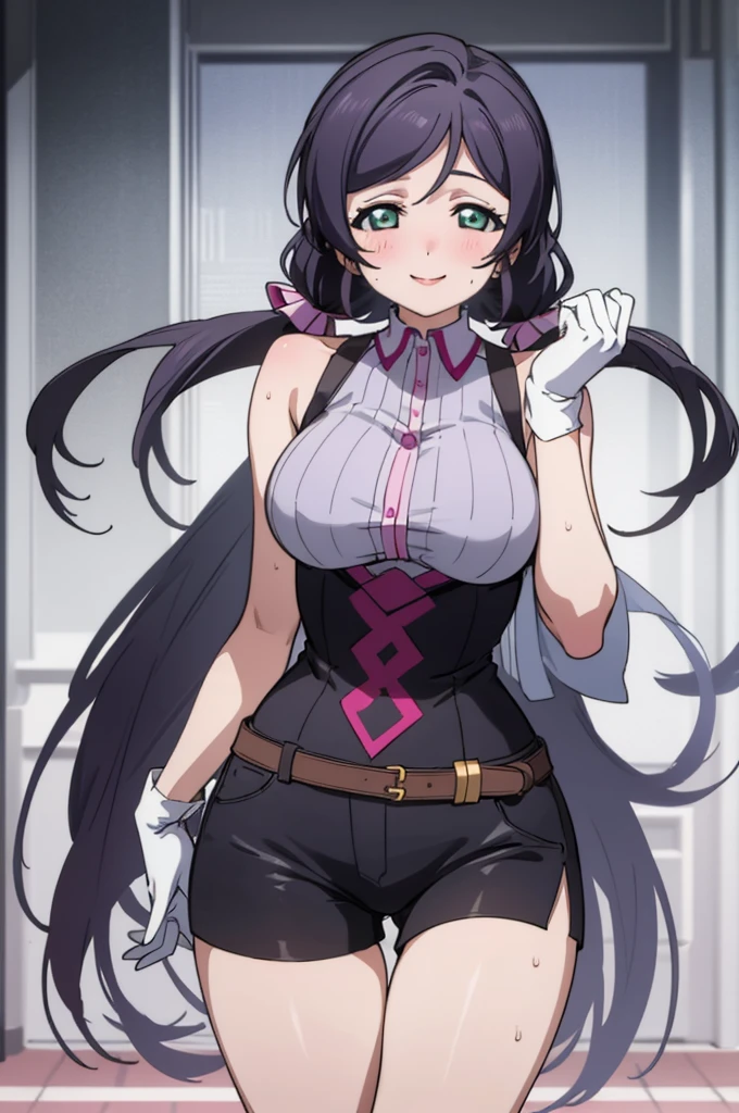 (masterpiece, best quality), 1girl,    nozomi toujou,huge breasts,sexy ,,sweating,sleeveless,looking viewer,smile,,,bare legs,high waist shorts,thigh gap,black glove