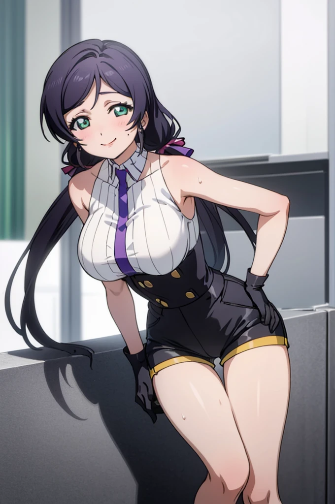 (masterpiece, best quality), 1girl,    nozomi toujou,huge breasts,sexy ,,sweating,sleeveless,looking viewer,smile,,,bare legs,high waist shorts,thigh gap,black glove