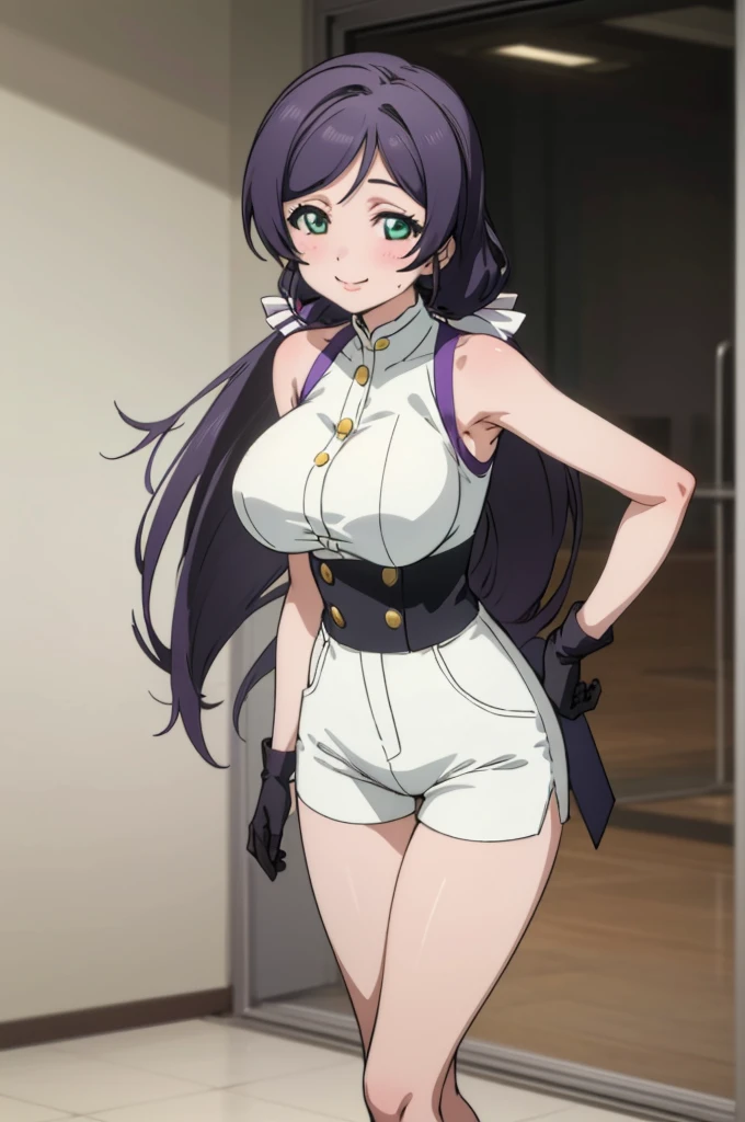 (masterpiece, best quality), 1girl, nozomi toujou,huge breasts,sexy ,,sweating,sleeveless,looking viewer,smile,,,bare legs,high waist shorts,thigh gap,black glove