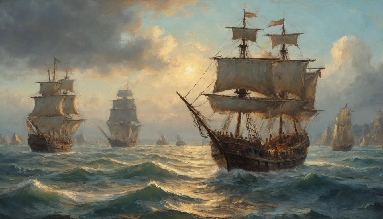imagine boats and caravels sailing through the ocean, realistic classic painting style, "rear view" enhanced details, more details, better quality, higher quality (classic painting style) (master part: 1.2) (bokeh) (best quality) (skin detailed) (detailed texture) (8K) (cold) (Renaissance lighting) (sharp focus)