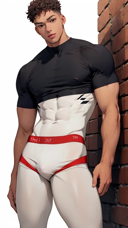 light White skin, short curly hair, male, male, masculine, light brown skin, brown, brown hair, brown eyes, tight White body suit, black boots, large thighs, muscular, feminine body, slim waist, male, large hips, full body, one person, Rear bottom view