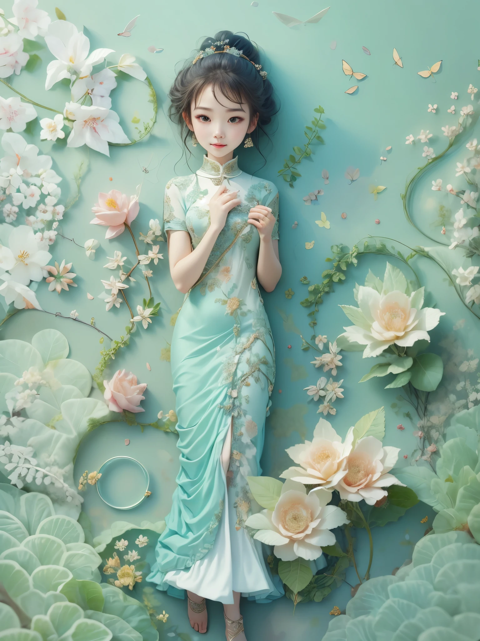 (paper art, Quilted paper art, 3d), (full-body shot:1.5), 1 Cheongsam woman，shy，slim body，Perfect proportions，Exquisite hair accessories，Smile，Oriental elements，Simple background，Mint Green，(Soft lighting，bokeh)，high quality，4K