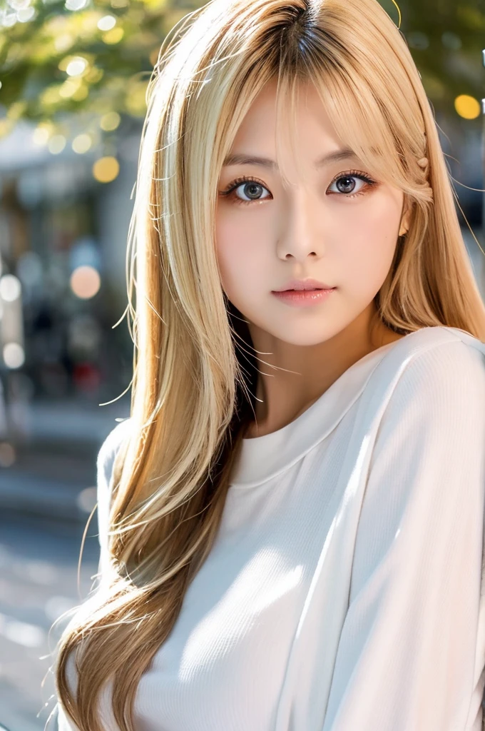 busty japanese lady、whole body、front、The most beautiful woman in Japan、He is wearing a white long-sleeved set、Bright eyes with sharp details(Looking into the camera)Blonde、