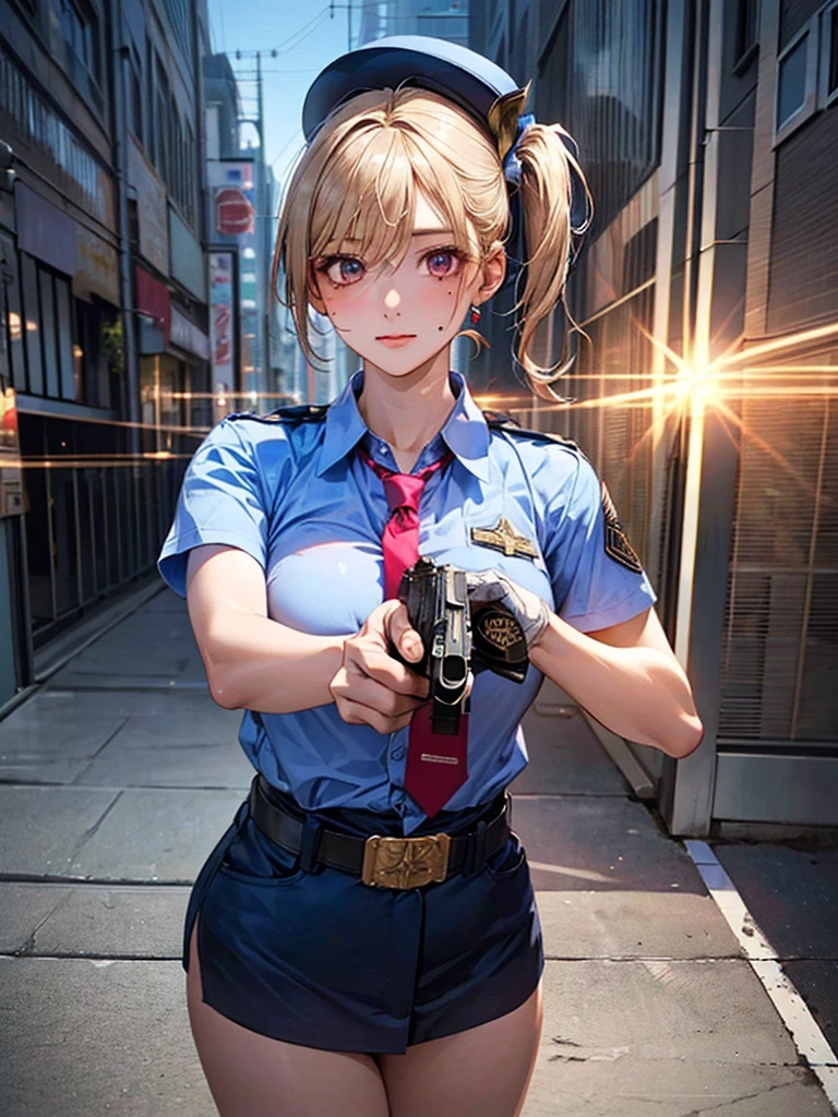 (((perfect anatomy, super detailed skin))), 1 girl, japanese, police girl, shiny skin, large breasts:0.5, looking away, looking up, watching the view,
beautiful hair, beautiful face, beautiful detailed eyes, (long hair:1.5, side ponytail:1.7), blond hair, bangs, hair between eye, red eyes,
beautiful clavicle, beautiful body, beautiful chest, beautiful thighs, beautiful legs, face, mole under eye,
((policewoman uniform, light blue short sleeved shirt, navy necktie, high waisted miniskirt), belt, white gloves, police hat, handcuffs), seductive thighs,
(((aiming at viewer, holding pistol, handgun))), ,
(beautiful scenery), wasteland, burning city,
8k, top-quality, masterpiece:1.2, extremely detailed), (realistic, photorealistic:1.2), beautiful illustration, cinematic lighting, naked, totaly naked, nude, completely naked, without clothes, no clothes,