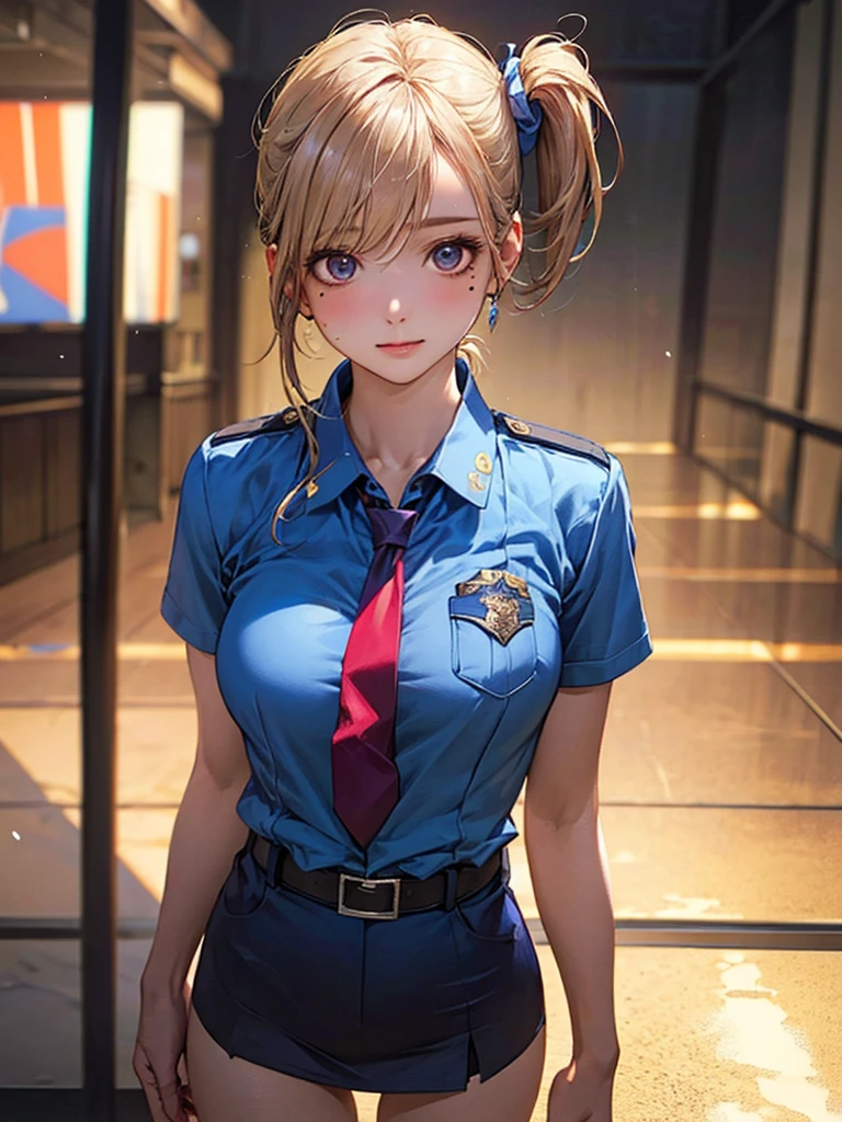 (((perfect anatomy, super detailed skin))), 1 girl, japanese, police girl, shiny skin, large breasts:0.5, looking away, looking up, watching the view,
beautiful hair, beautiful face, beautiful detailed eyes, (long hair:1.5, side ponytail:1.7), blond hair, bangs, hair between eye, red eyes,
beautiful clavicle, beautiful body, beautiful chest, beautiful thighs, beautiful legs, babyface, mole under eye,
((policewoman uniform, light blue short sleeved shirt, navy necktie, high waisted miniskirt), belt, white gloves, police hat, handcuffs), seductive thighs,
(((aiming at viewer, holding pistol, handgun))), ,
(beautiful scenery), wasteland, burning city,
8k, top-quality, masterpiece:1.2, extremely detailed), (realistic, photorealistic:1.2), beautiful illustration, cinematic lighting, naked, totaly naked, nude, completely naked, without clothes, no clothes,