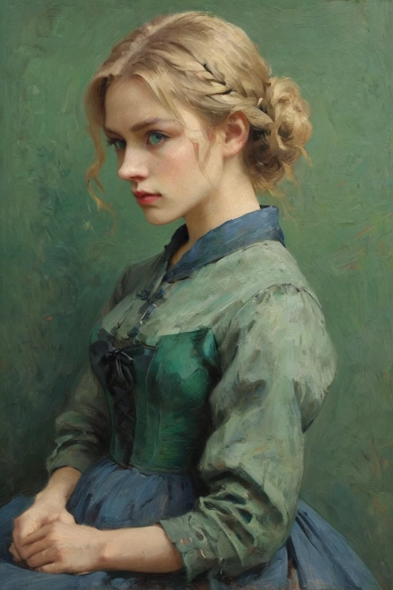 Professional Oil Painting, Official Art, Emotional portrait, 最high quality, high quality, Great quality, masterpiece, Ultra-high resolution,
Vincent Van Gogh-esque break,
Break Artoria Pendragon \(destiny\), Things to know, Very beautiful, elegant, Luscious, Gorgeous, nice, Brave, Courageous, bold, Beautifully detailed face, Beautiful attention to detail, (Green Eyes:1.3), Beautiful blonde hair, Very fine hair, Ahoge, Side Lock, Hair Bun, single Hair Bun, Hair Ribbon, Blue Ribbon, Braiding, Perfect Anatomy, Good move, Perfect hands,
BREAK Empire Waist Wedding Dress, Designed by Becca McCarren Tran and Stanislaw Szukalski,  British charm, British elegance, Relaxed pose, fashionable, Floral, Excalibur,
Breaking the vibrant colors, Fine brushwork, Glazing, Thick brushwork, Dynamic Angle, Depth of written boundary, Gallery-worthy visuals, Artistic depth and dimension,