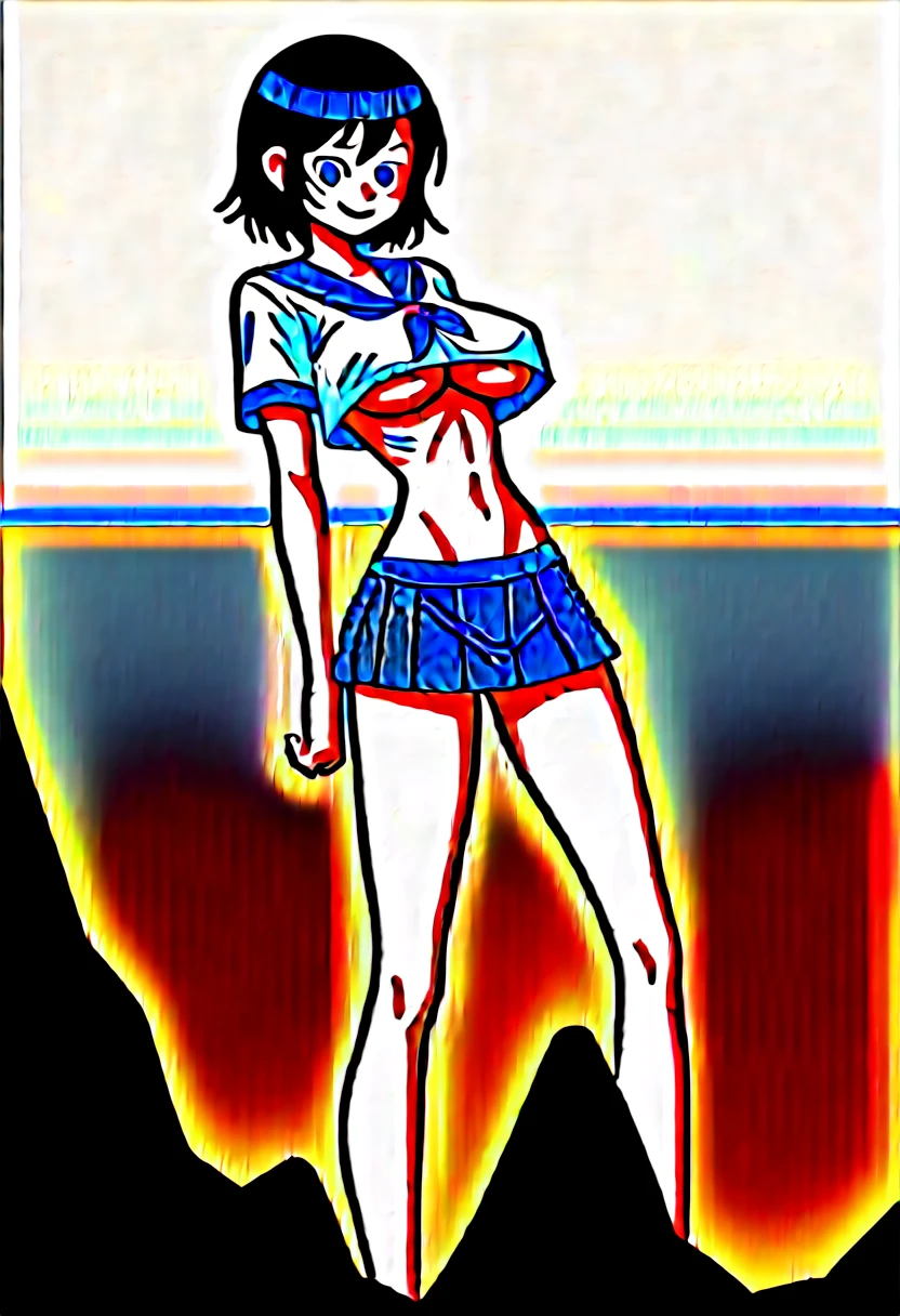 (masterpiece, best quality), front shot, 1girl, kawaii, (micro waist, super , very long legs:1.3), Very elongated thin body, short height, scrawny, tiny cute thin face, detailed face, cute smile, mini skirt, Tight serafuku, shows under boob, whiteakers, pigeon-toed, wet sweaty, big visible ribs, ((Black medium hair))