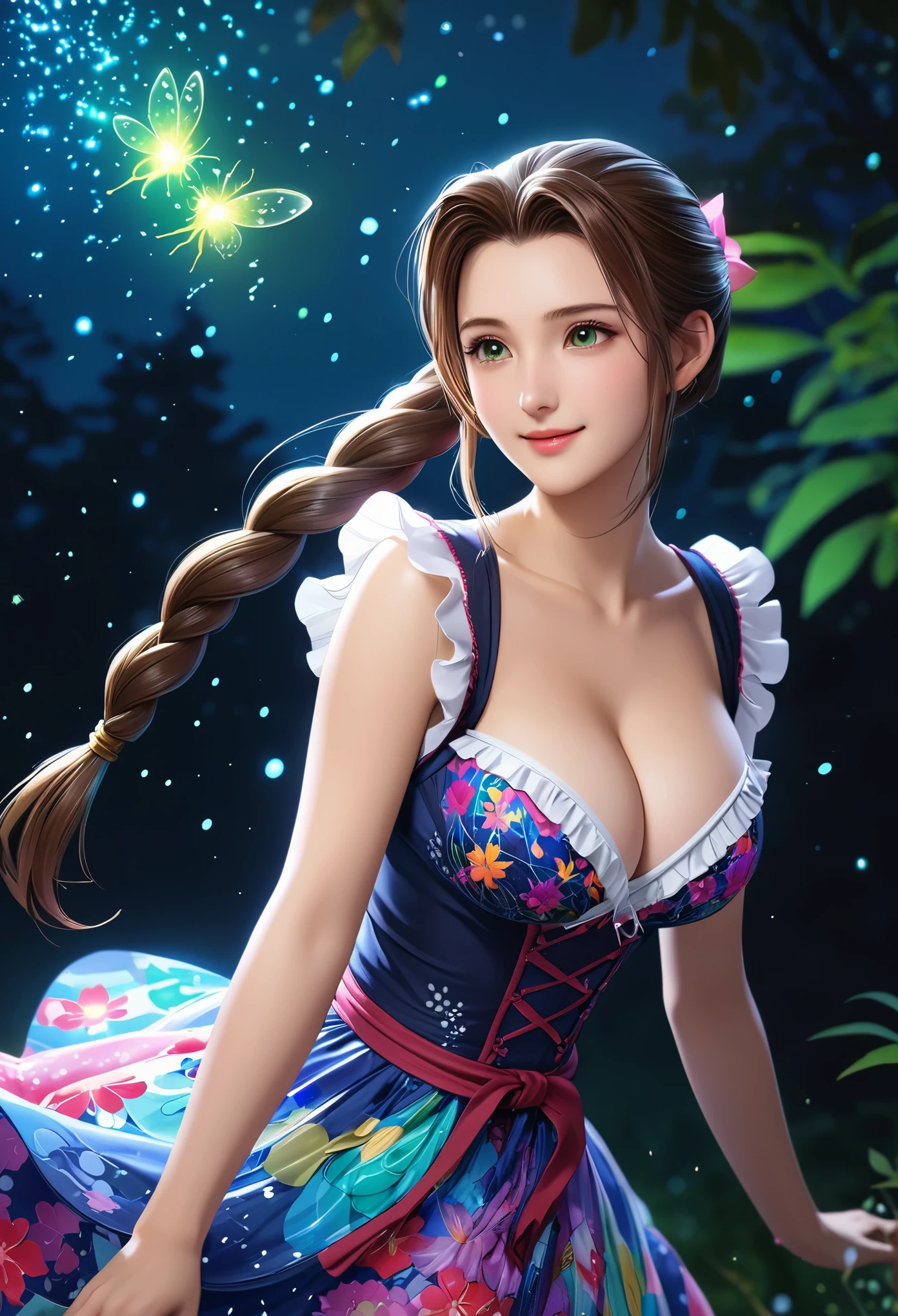 (((masterpiece))),((Highest quality)),Beautiful girl, Aerith, Sexy witch, bangs、(Long Hair, Braided ponytail:1.5)、(((healthy shaped body, huge firm bouncing bust, Deep cleavage)))、23 years old、Translucent white skin, Sparkling sweat, (Gorgeous intricately patterned colorful ruffle dress:1.5)、Japanese girl、 Beautiful digital artwork, Beautiful fantasy art, dynamic sely poses, A kind smile, Mysterious Background, Aura, A gentle gaze, BREAK, Small faint lights and flying fireflies, night, lanthanum,