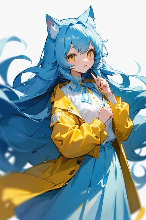Light blue, slightly long curly hair、Cat ear、Yellow Eyes、White blouse、Yellow jacket、Light blue skirt、Light blue ribbon on chest、Girl、cute