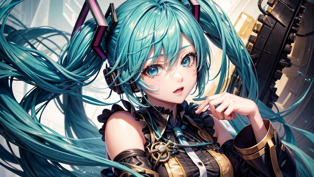 Vocaloid,
hatsune miku,
Steampunk costumes,
Detailed facial expressions,
Detailed facial expressions, detailed hair description,