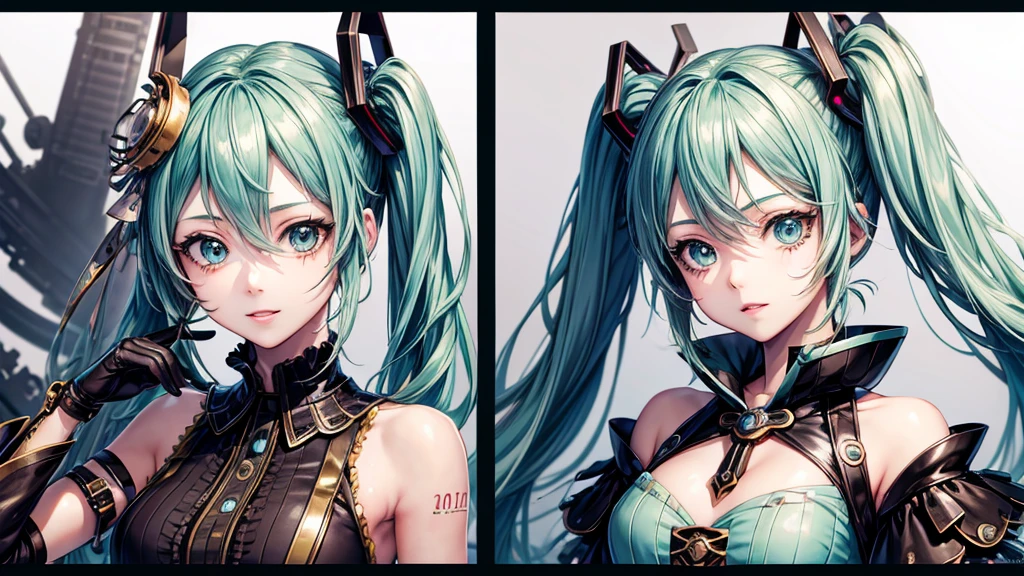 Vocaloid,
hatsune miku,
Steampunk costumes,
Detailed facial expressions,
Detailed facial expressions, detailed hair description,