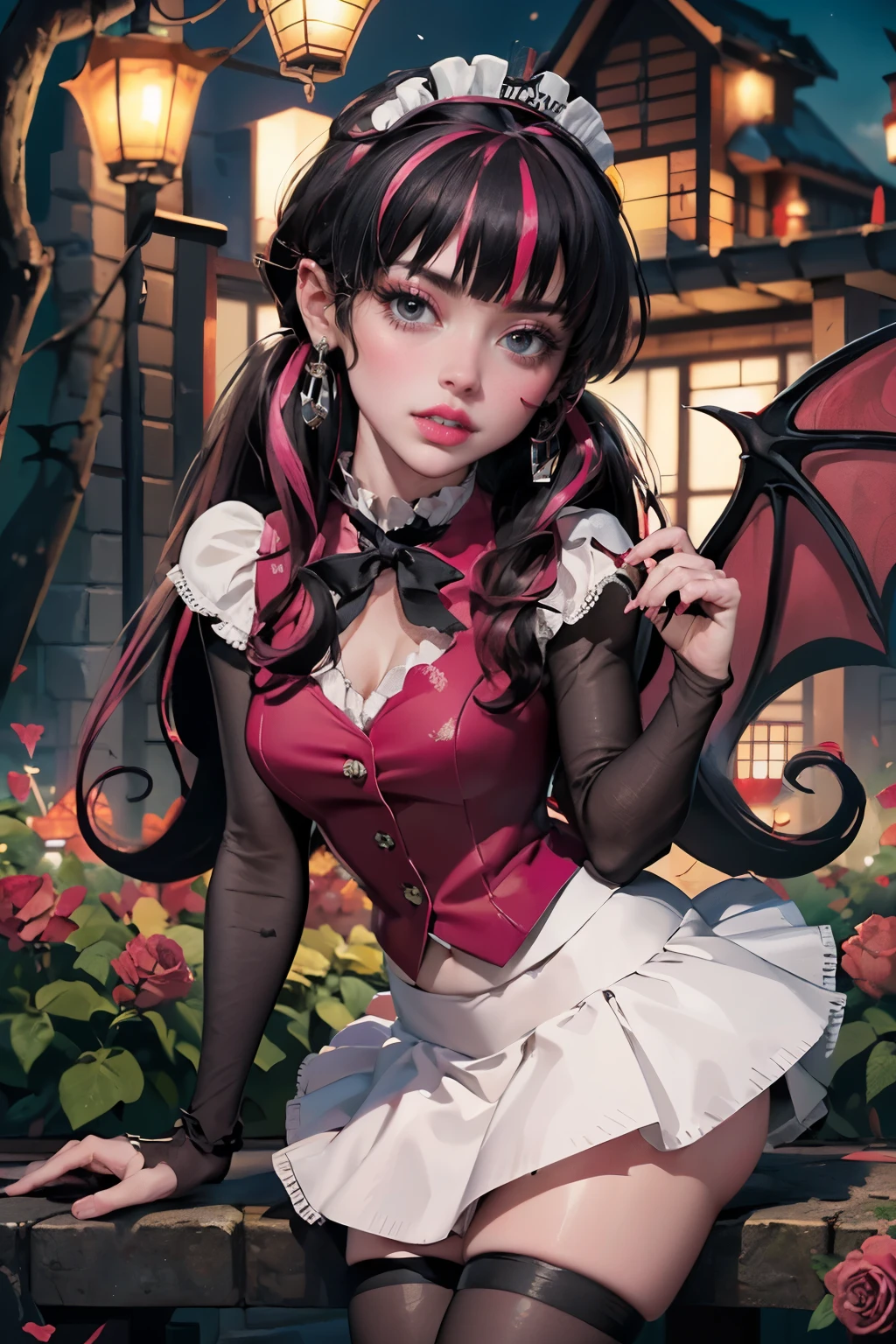 1 girl, Vampire girl, vampire fangs, together, centred, award-winning upper body portrait, cowboy shot, (gazing at viewer:1.2), Draculaura_MH, standing alone, half black hair, half pink hair, multicolored hair, long hair, white skirt, Pink knee boots, smiling, garden scenery, japanese lanterns, dark red roses, Depth of field, film composition, ((high qualiy)), ((artwork)), (More details), Half black hair, soft pink hair, wavy hair, Pink heart in the eyes, ssmile, vampire fangs, maid dress, black maid headdress, black maid apron, bat wings, pink skirt, black dress with transparency, pink laces, black gloves, black high-socks, high hills boots, bat jewerly, jewerly, sit on the grass, dark red roses on focus, Draculaura_(monster school), monster school, gazing at viewer, More detailss on the clothes,