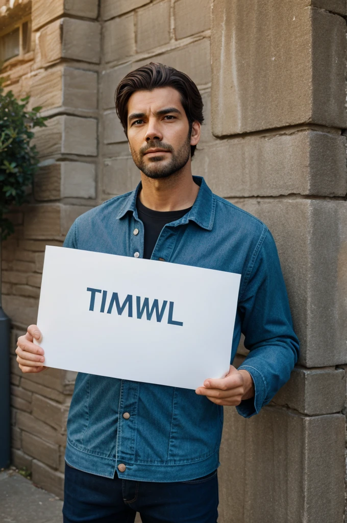 A man holding a piece of paper with the word "TimeWall" written on it,